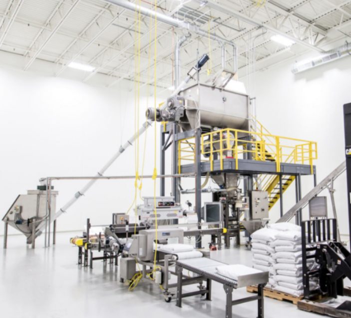 Transformation production facility with mixing and packing equipment